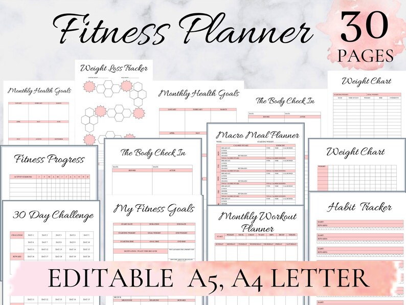 Fitness Planner, Planner fitness, Weight loss tracker, Workout planner, fitness planner printable, Bundle Diet Log, Editable A4,A5, LETTER image 1
