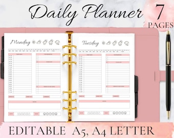 Daily planner printable, Daily planner, Daily planner insert,Daily planner pages, Printable 7 Day Planner Productivity Editable A5 A4 Letter