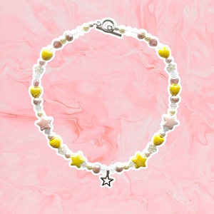 Pink and Yellow Ceramic Stars Beaded Necklace