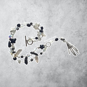 Black and White Mixed Beaded Skeleton Rosary Necklace