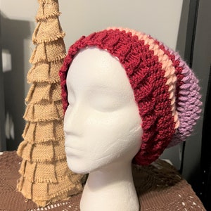 Slouchy Pink Red Purple and Peach Crochet Adult Hat, Ladies Medium Large Beanie, Striped Crochet Hat, Loose-Fitting Crochet Beanie