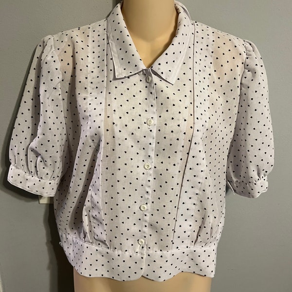 Vintage 1970s Does 1930s Black Hearts on White Button-Up Blouse, Button-Up Blouse, Cute Hearts Printed Blouse, Retro Button-Up Shirt