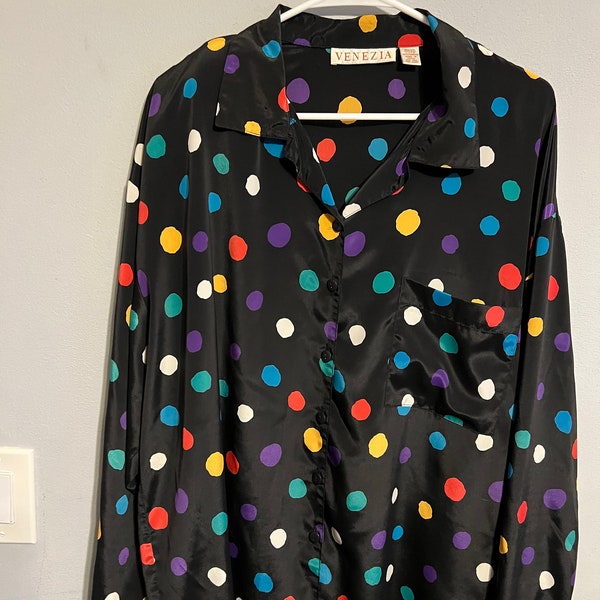 Plus Size Womens Vintage Rainbow Polka-Dot Blouse, Retro Brightly Colored Button-Up Shirt, Primary Colors Blouse, 1980s Career Woman Blouse