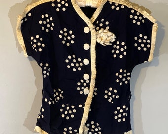 AS-IS Womans 1940s Polka-Dots Button Up Suite Blouse, Retro Button-Up Blouse, Vintage Rayon Blouse, Fringe-Trimmed Blouse, Nautical Shirt