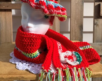 Bold Colors Crochet Pom-pom Beret & Scarf Set, Acrylic Winterwear Set, Unusual Holiday Colors Handmade Gift Set, Winter Weather Accessories