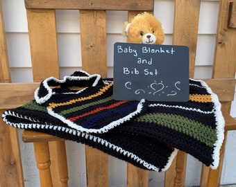 Gender Neutral Baby Hand Crochet Blanket and Bib Set, Black and