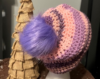Slouchy Purple and Pink Pom-Pom Striped Beanie, Small Adult Pink Crochet Hat, Warm Winter Accessory, Striped Acrylic Yarn Winter Hat