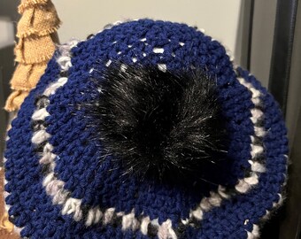Oversized Blue and Black Crochet Tam, Pom-pom Tam Hat  display picture 1