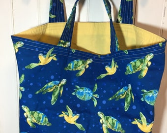 Cotton Reusable / Washable Tote Bag with Pleated Bottom and Comfy Wide Straps - Sea Turtles on Blue