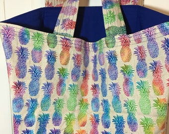 Cotton Reusable / Washable Tote Bag with Pleated Bottom and Comfy Wide Straps - Rainbow Colored Pineapples