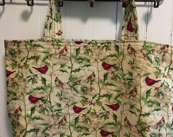 Cotton Reusable / Washable Tote Bag with Pleated Bottom and Comfy Wide Straps - Cardinals on Holly