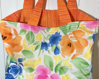 Cotton Reusable / Washable Tote Bag with Pleated Bottom and Comfy Wide Straps - Watercolor Flowers