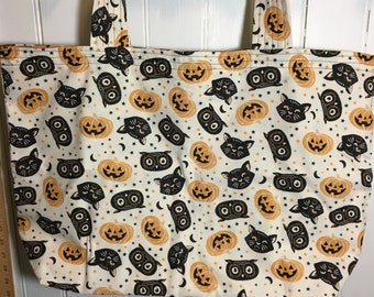 Cotton Reusable / Washable Tote Bag with Pleated Bottom and Comfy Wide Straps - Black Cats, Owls and Jack-o'-Lanterns