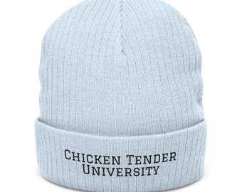 Chicken Tender University design Ribbed Knit Beanie, Embroidered chicken farming parody