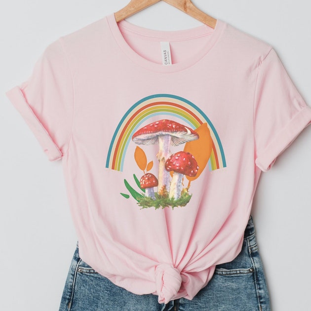 Mushroom with Rainbow Shirt, Cottagecore shirt, Fungi Shirt, Cute Graphic Unisex Tee