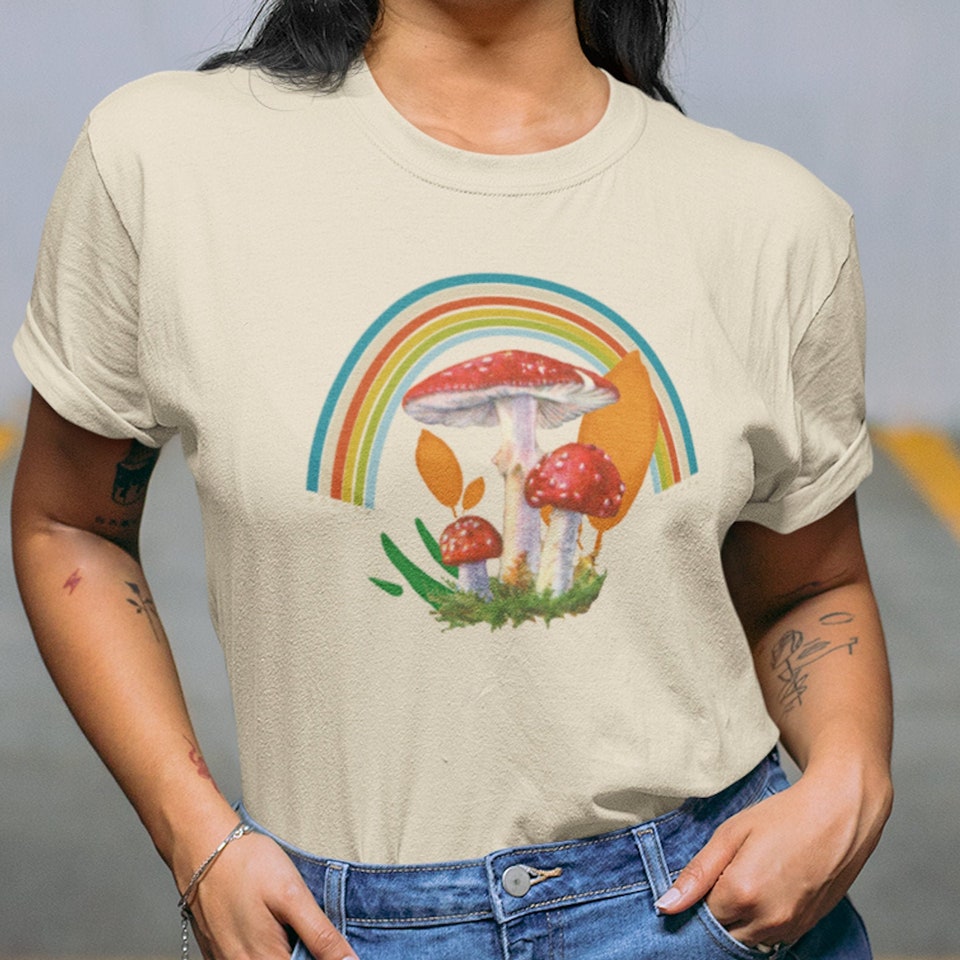 Mushroom with Rainbow Shirt, Cottagecore shirt, Fungi Shirt, Cute Graphic Unisex Tee