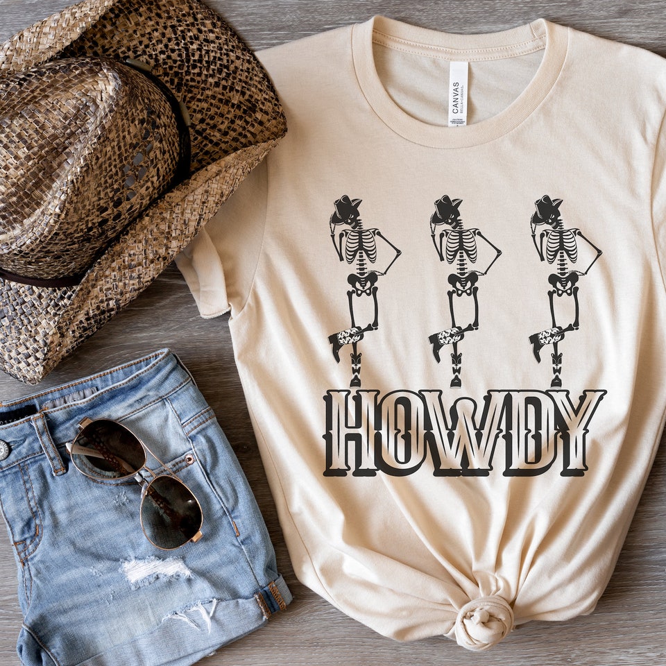 Howdy Skeleton Cowboys Graphic Tee, Cute and Trendy Western Shirt sold ...