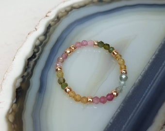 Tourmaline ring, elastic with rose gold pearls | faceted gemstones | stackable, elegant and summery, customizable