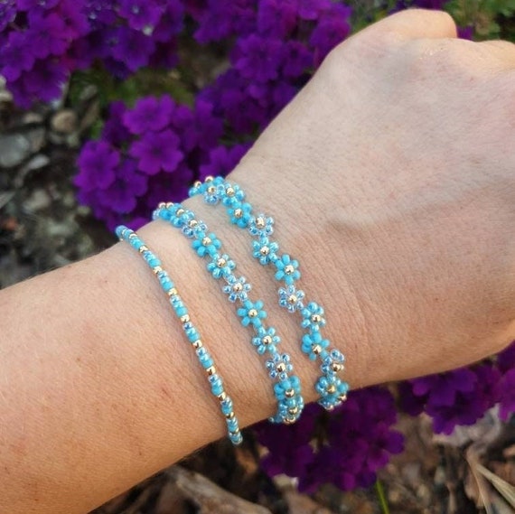 Sky Blue Flower Bracelet Beads Forget-me-not Daisy Bracelet 