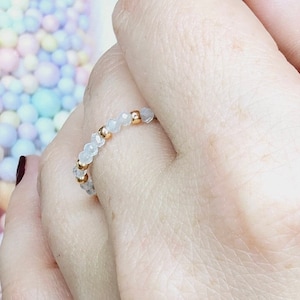 AQUAMARINE ring elastic with rose gold pearls | faceted gemstones | stacking rings I summer vibes