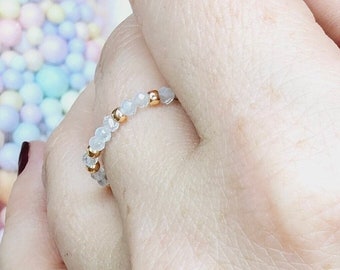 AQUAMARINE ring elastic with rose gold pearls | faceted gemstones | stacking rings I summer vibes