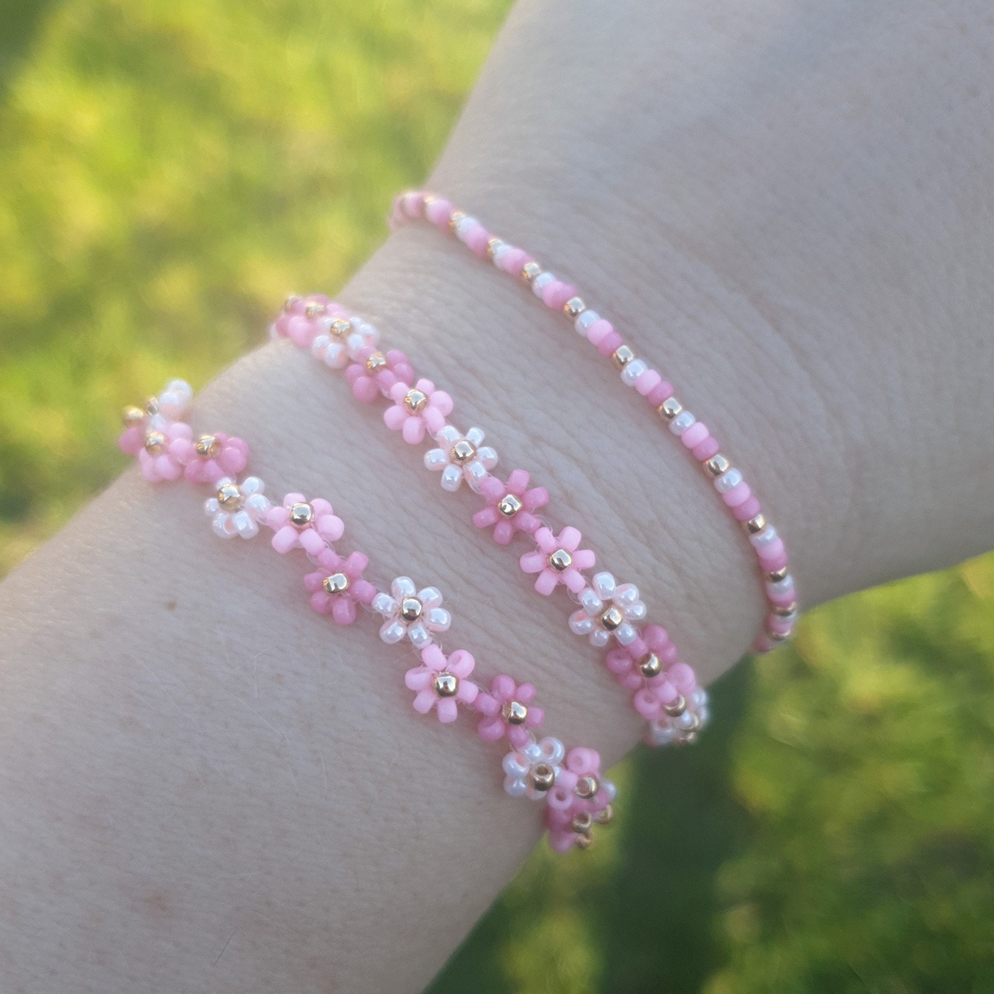 Pink Flower Bracelet Beads Forget me not Daisy Bracelet Etsy