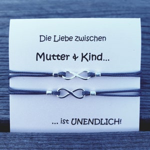 Armbanden Moeder Dochter Zoon Infinity Silver 925 Set verstelbaar op vouwkaart Tekst, kleur en grootte aanpasbaar