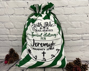 Personalized Christmas Sack, Christmas Bag, Gift Bag, Baby's First Christmas, Christmas Photo Shoot Prop, Green & White Stripe