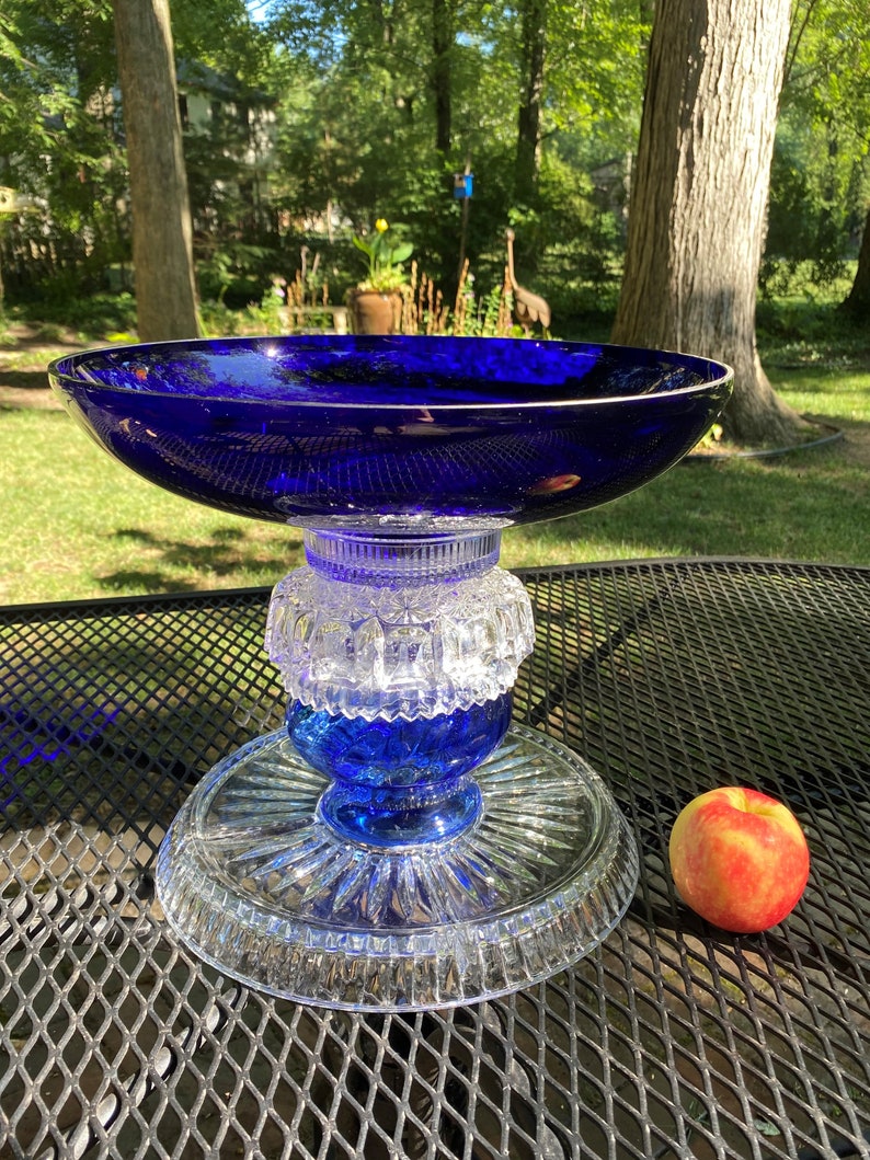 Vintage Cobalt Blue Glass Bird Bath with Clear Crystal Accents Etsy