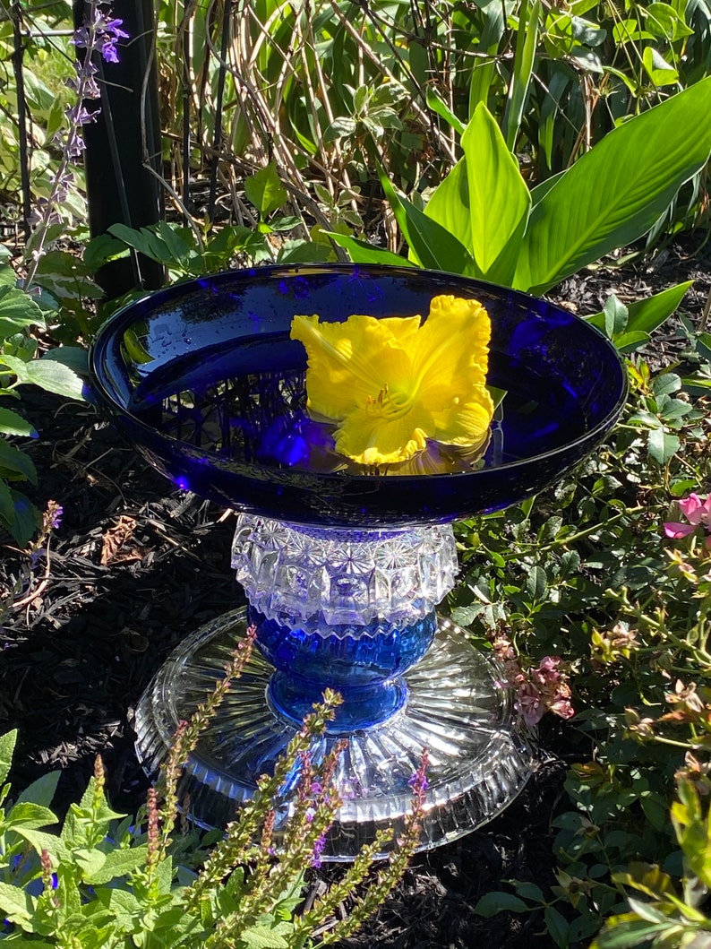 Vintage Cobalt Blue Glass Bird Bath with Clear Crystal Accents Etsy
