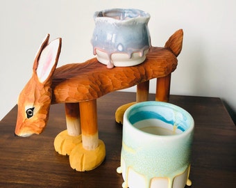 Hand-carved solid wood display table children's bench chair display stand cute animal Rabbit and leopard shape birthday gift art collection