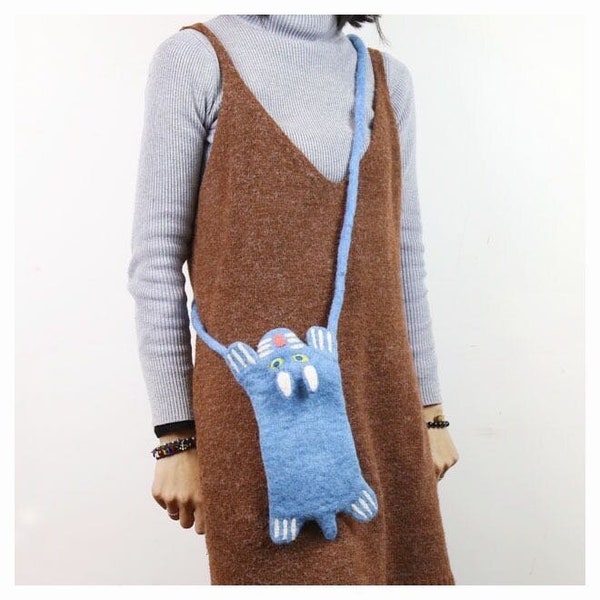 Handmade wool felt wallet animal female large-capacity one-shoulder diagonal mobile phone bag unique/cat/koala/tiger/elk