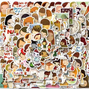 May include: A selection of vibrant stickers showcasing cartoon characters with distinctive features and hairstyles. Some stickers have text such as "We are", "NO LIFE", and "Fuckin' Pol". The stickers vary in size and shape, creating a diverse collection.