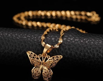 Butterfly verklaring kettingen Hangers vrouw Chokers kraag water Wave keten BIB 24K geel gouden gevulde Chunky sieraden