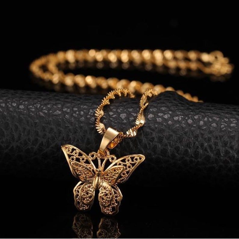 Butterfly Statement Necklaces Pendants Woman Chokers Collar Water Wave Chain Bib 24K Yellow Gold Filled Chunky Jewelry image 1