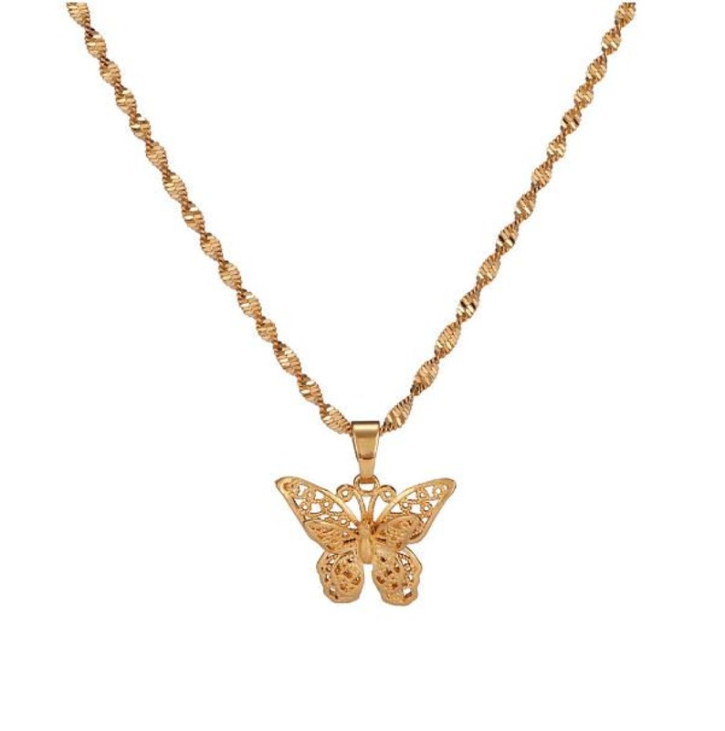 Butterfly Statement Necklaces Pendants Woman Chokers Collar Water Wave Chain Bib 24K Yellow Gold Filled Chunky Jewelry image 3