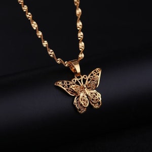 Butterfly Statement Necklaces Pendants Woman Chokers Collar Water Wave Chain Bib 24K Yellow Gold Filled Chunky Jewelry image 4