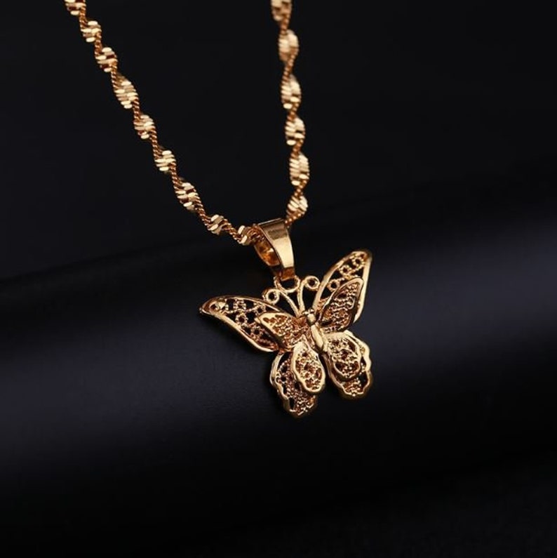 Butterfly Statement Necklaces Pendants Woman Chokers Collar Water Wave Chain Bib 24K Yellow Gold Filled Chunky Jewelry image 4