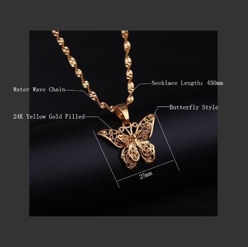 Butterfly Statement Necklaces Pendants Woman Chokers Collar Water Wave Chain Bib 24K Yellow Gold Filled Chunky Jewelry image 6