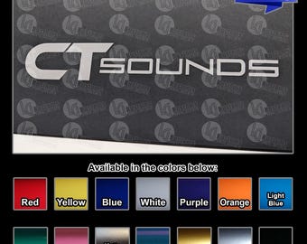 May include: A rectangular vinyl decal featuring the white text CT SOUNDS on a dark background with a repeating watermark pattern. A blue banner in the top right corner reads 2 Decals per listing. Below are fourteen color swatches with labels.