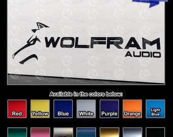 May include: A vinyl decal featuring the black Wolfram Audio logo with a stylized wolf head icon and the text 2 Decals per listing. Below the main graphic is a color chart displaying 14 available options including red, yellow, blue, white, purple, orange, light blue, green, pink, matte black, teal, gold, silver, and black.