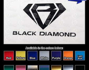 May include: A black diamond-shaped logo graphic with the text BLACK DIAMOND underneath. A blue banner in the corner reads 2 Decals per listing. Below, a color chart displays 14 square swatches labeled Red, Yellow, Blue, White, Purple, Orange, Light Blue, Green, Pink, Matte Black, Teal, Gold, Silver, and Black.