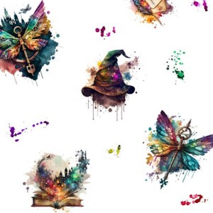 Puede incluir: Un patr&oacute;n de acuarela con un sombrero de bruja, un libro con un brillo m&aacute;gico y una lib&eacute;lula con una llave. El dise&ntilde;o est&aacute; sobre un fondo blanco con salpicaduras de acuarela de colores.