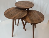 Round Couch Table Set, Modern End Side Table, Walnut White Coffee Table, Wooden Nesting Tables for Living Room Decor, Engraved Sofa Table