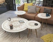White Walnut Large Coffee Table with Set of Small Side Tables Wooden Round Coffee Table Set with Laser Engraving and With Nest Tables