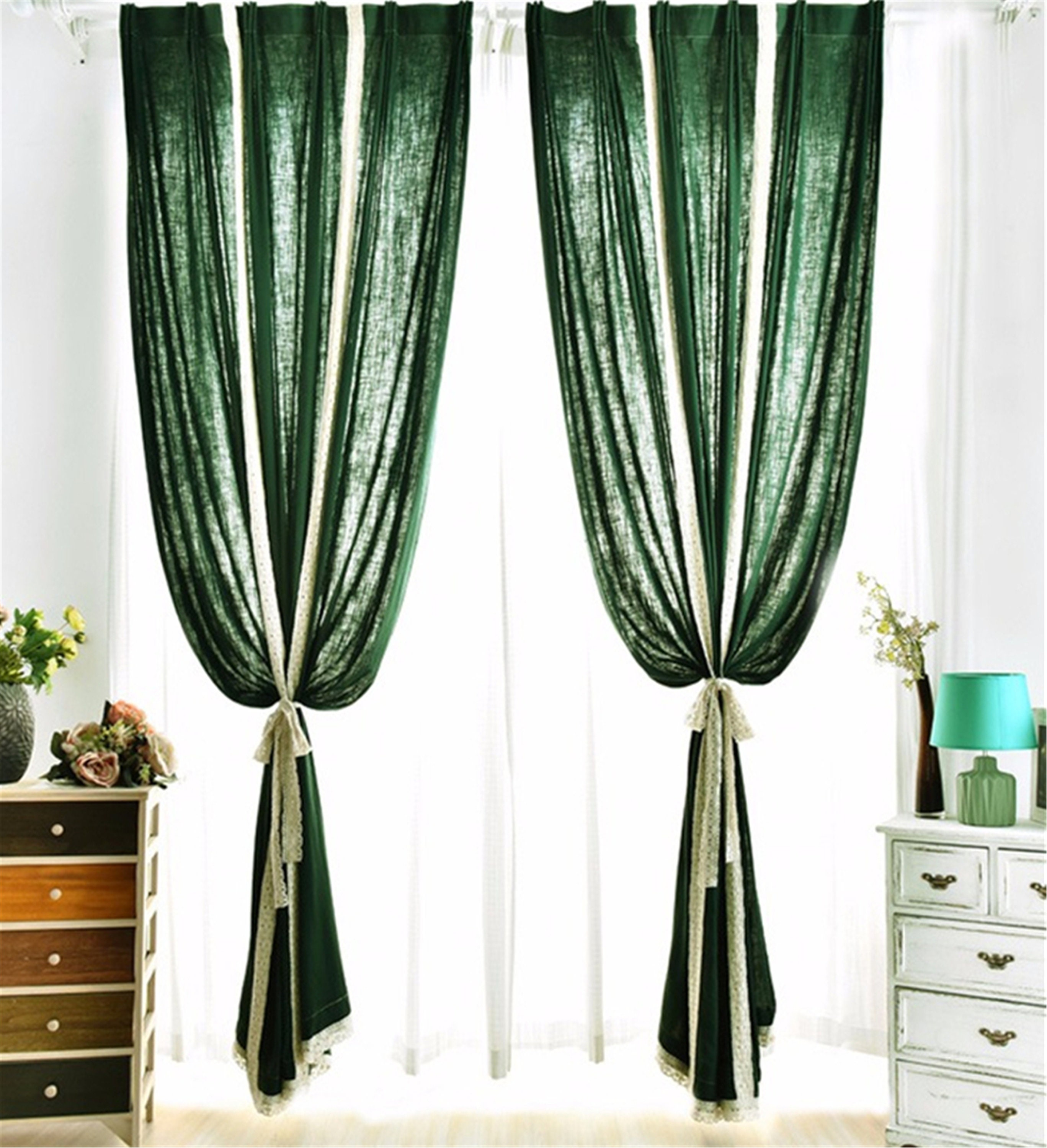 Two pieces of dark green linen curtains in pastoral style. Etsy