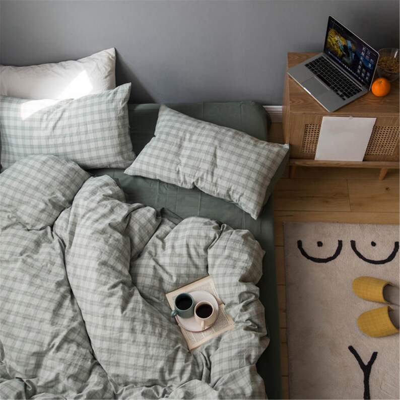 Checkered Greygreen Duvet Cover. Summer Cotton Bedding. Duvet Etsy
