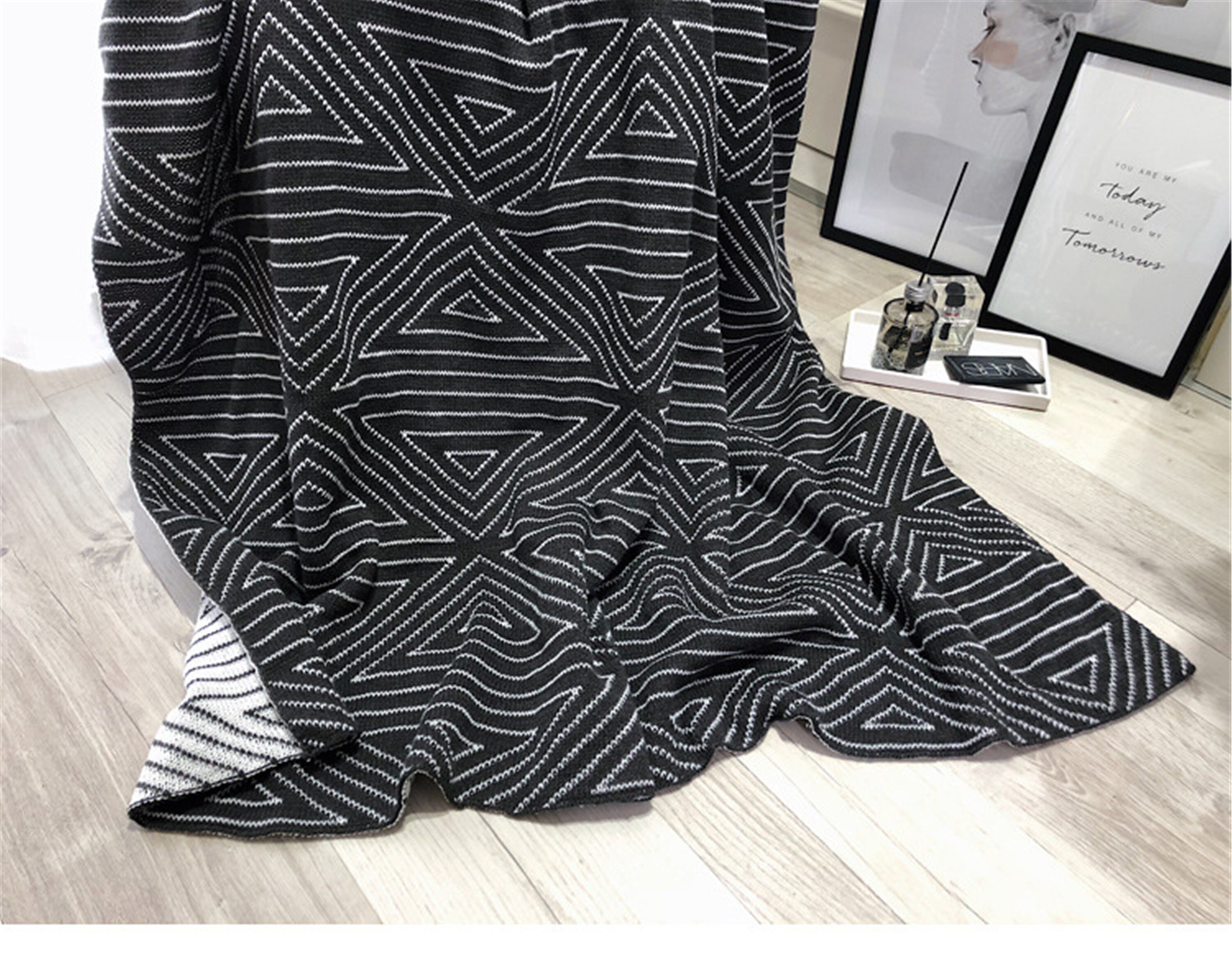 Black and White Geometric Knitted Blanket.doublesided Etsy UK