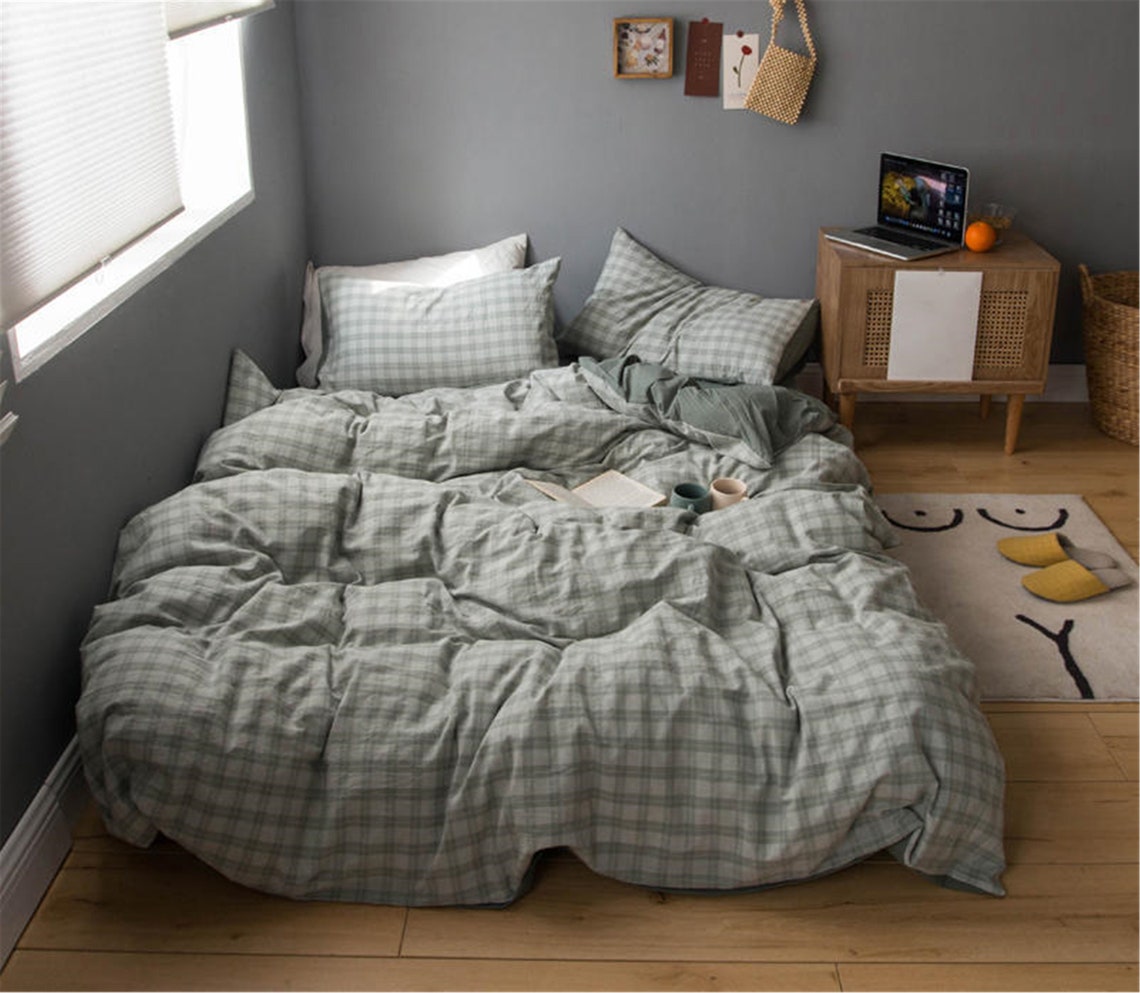 Checkered Greygreen Duvet Cover. Summer Cotton Bedding. Duvet Etsy