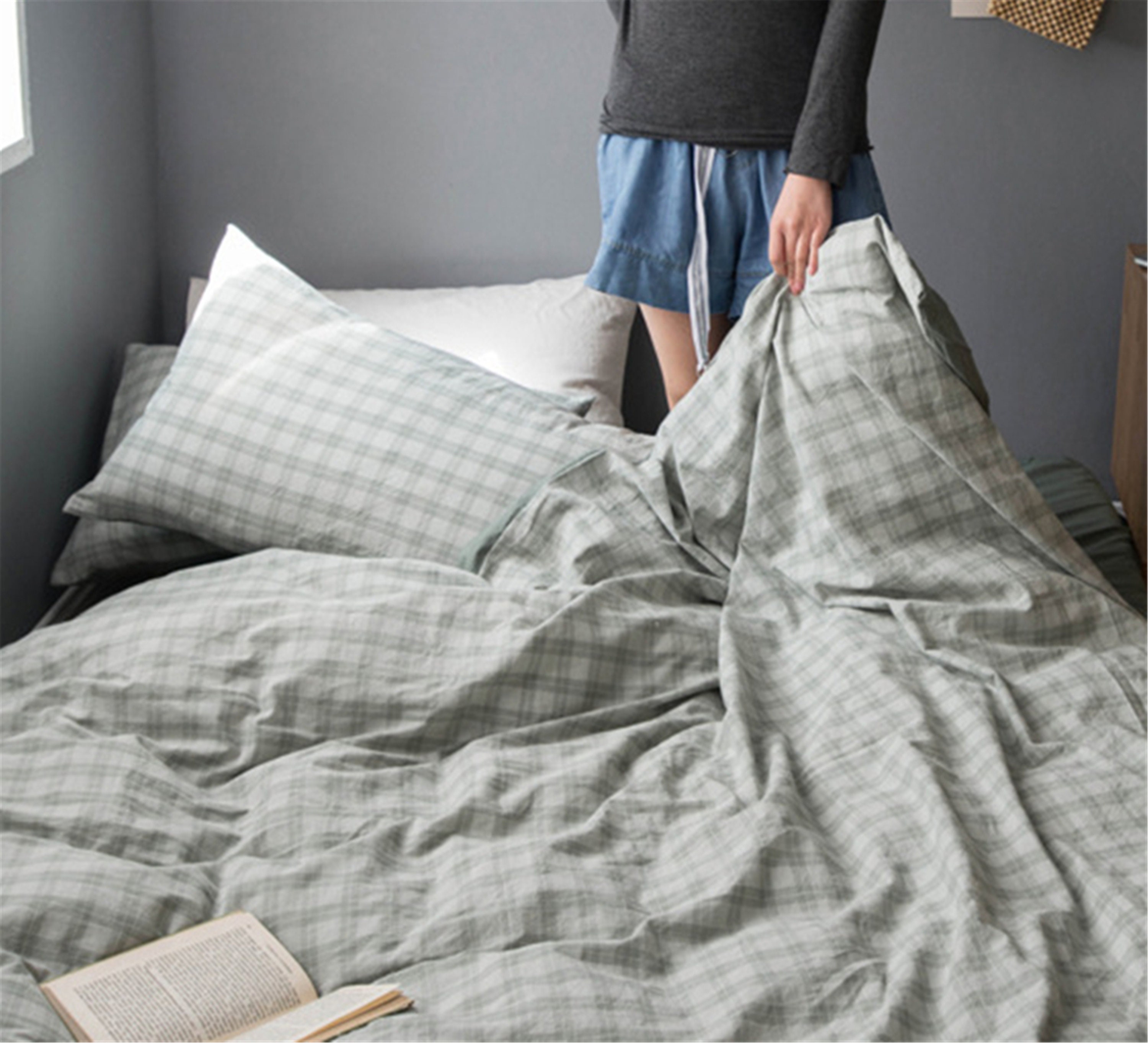 Checkered greygreen duvet cover. Summer cotton bedding. Duvet Etsy